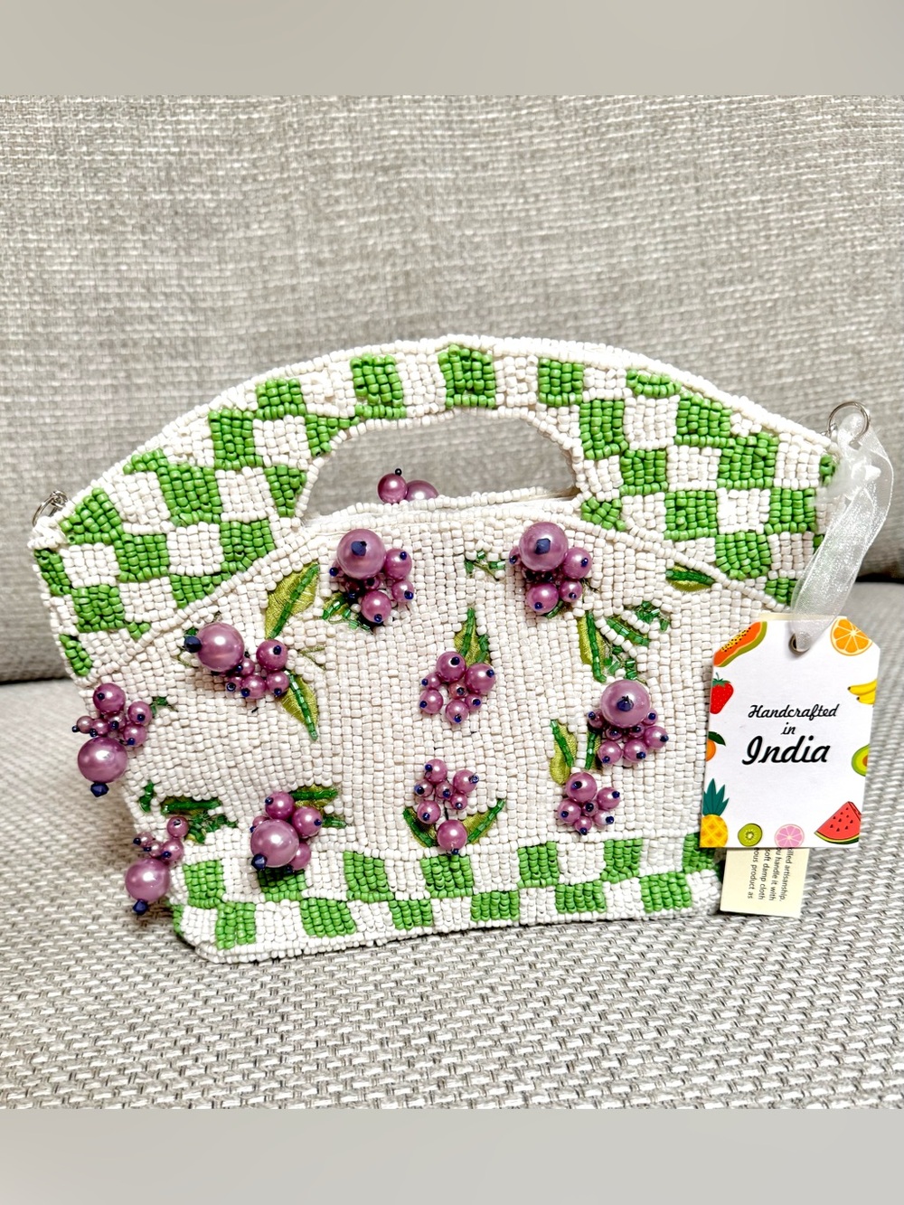 Handcrafted in India 🍇 Grapes Beaded Checkered Green Clutch Handbag Viral bag